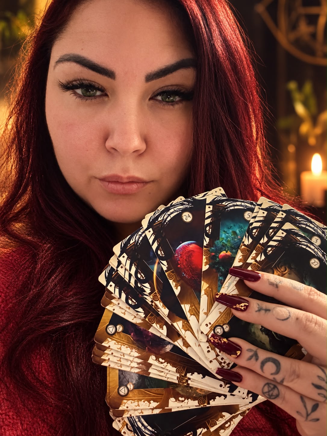 Tamara Cartomante segurando um leque de cartas